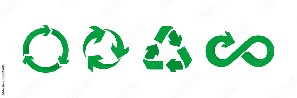 Set of green recycling signs, arrow icons.The Universal Recycling Symbol. Recycle vector icon set. Recycling green sign. Vector illustration Set of green recycling signs, arrow icons.The Universal Recycling Symbol. Recycle vector icon set. Recycling green sign. Vector illustration