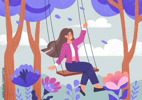 Relaxing on rope swing. Young girl resting in city park or forest, imagination and fantasy, lightness and tenderness, activity. Poster or banner for website. Cartoon flat vector illustration