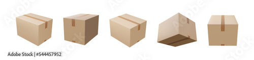 Cardboard or carton realistic delivery boxes with scotch tape and labels.