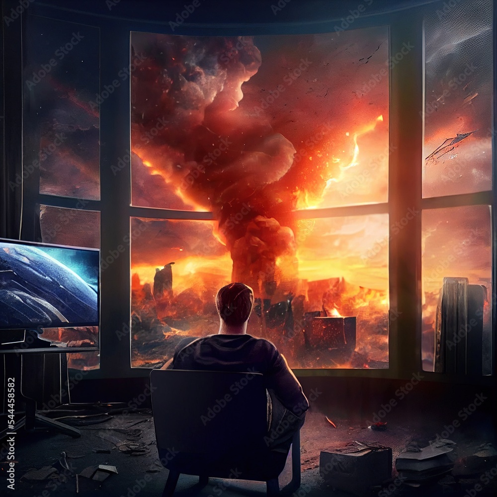 Casually watching the end of the world, apocalypse doomsday digital illustration art