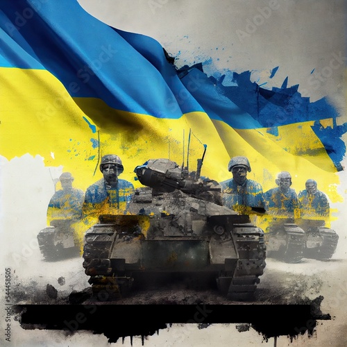Military soldiers and tanks artillery on Ukraine background, double exposure with Ukrainian flag colors