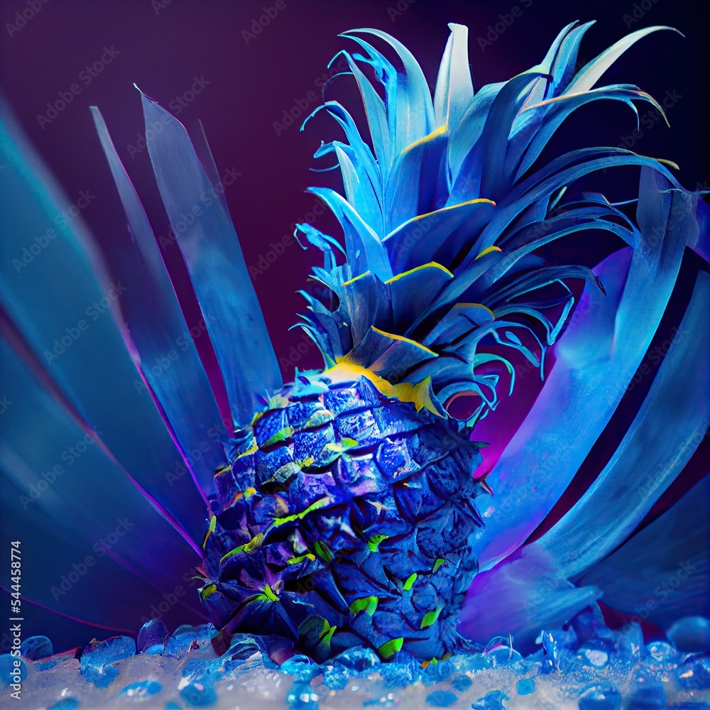 Absurd product photography, digital illustration of blue pineapple