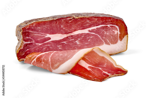 Italian prosciutto crudo or spanish jamon. Jerked meat, isolated on white background. High resolution isolated PNG image with transparent background. photo