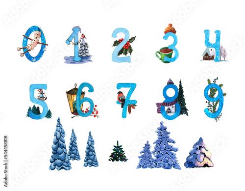 Watercolors painteds digit for winter calendar, greeting cards, posters. A set of blue numbers from 0 to 9.