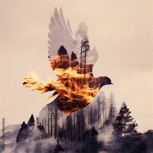 Bird double exposure with forest fire, climate change, global warming concept photo