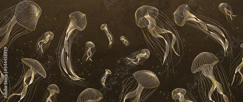 Obraz na plátně Watercolor brown dark luxury background with marine animals jellyfish in gold line art style