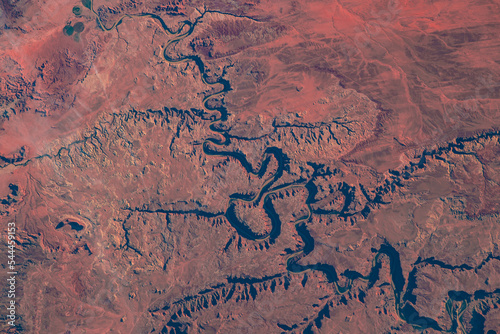 Aerial view of The Green River in Canyonlands National Park near Moab, Utah. Top view of river from satellite. Earth texture background. Earth landscape. Elements of this image furnished by NASA.