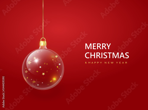 Christmas decorations glass baubles transparent ball, hang on gold ribbon.Holiday Christmas ball objects