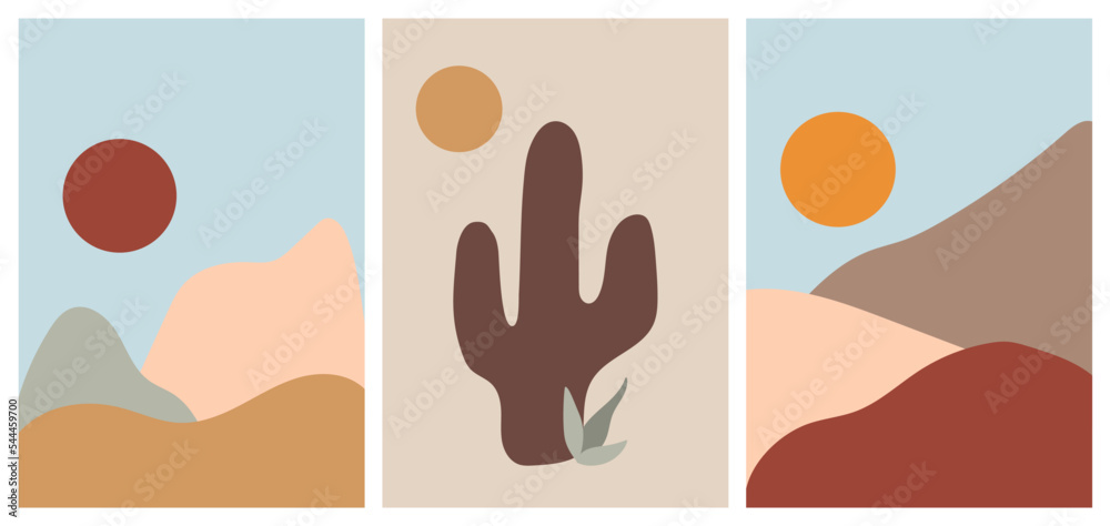Abstract landscapes set with sun, cactus, mountains, hills, moon, waves and plants. Modern vintage bohemian design templates for posters, prints, cards or social media. Minimalist vector illustration 