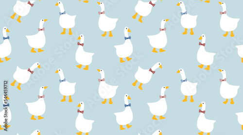 Seamless farmhouse pattern with hand drawn geese wearing blue and red bows. Countryside farm kitchen design for print, textile, decor, celebration. Goose pattern. Hand drawn vector illustration.