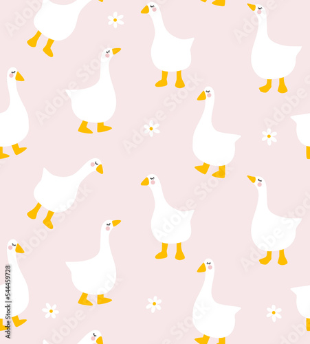 Hand drawn cute pattern with cartoon goose and flowers on pink background. Seamless pattern vector illustration. Hand drawn geese with cute lashes for card, print, nursery, decoration. Farmhouse style