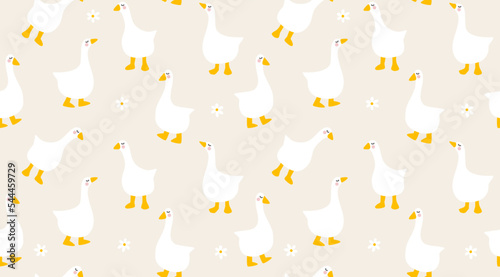 Hand drawn cute pattern with cartoon goose and flowers. Seamless geese pattern vector illustration. Cute hand drawn background with white walking duck and daisies.