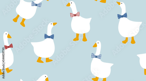 Hand drawn cute pattern with cartoon goose with red and blue bows. Seamless geese pattern vector illustration. Cute hand drawn background with white walking ducks for print, party, card etc