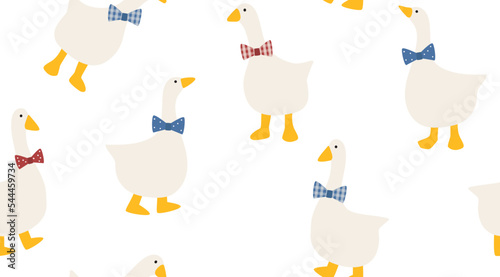 Seamless farmhouse pattern with hand drawn geese wearing blue and red bows. Countryside farm kitchen design for print, textile, decor, celebration. Goose pattern. Hand drawn vector illustration.