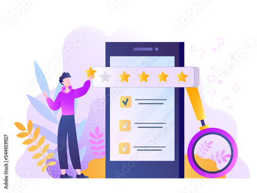 Concept of feedback. Man with magnifying glass evaluates reviews on Internet. Rating and ranking, modern methods of marketing and product promotion metaphor. Cartoon flat vector illustration