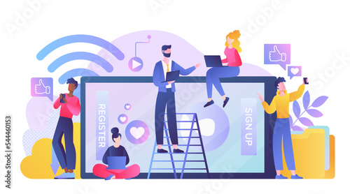 Digital device users. Modern technologies and digital world. Social networks and instant messengers. Registration and authorization, communication on Internet. Cartoon flat vector illustration