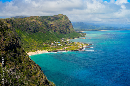 Dramatic cliffs of Makapu'u Point over the Pacific Ocean on the eastern side of Oahu island in Hawaii, United States