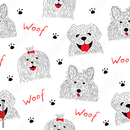Seamless pattern with cute dogs. Hand drawn pets on white background. Doodle style vector illustration. Woof lettering. Dog footprint. Vector pattern for printing on fabric, bedding, printed producs. photo