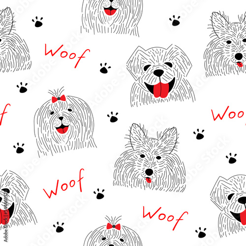 Seamless pattern with cute dogs. Hand drawn pets on white background. Doodle style vector illustration. Woof lettering. Dog footprint. Vector pattern for printing on fabric, bedding, printed producs.