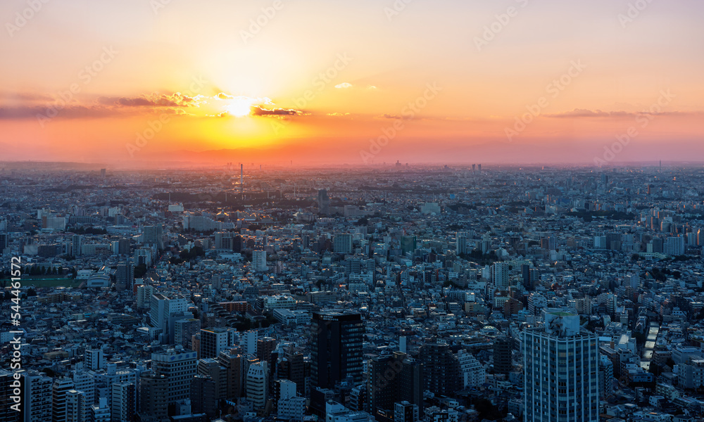 Obraz premium Skyscrapers towering over the cityscape of Nishi-Shinjuku, Tokyo, Japan at sunset
