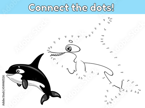 Connect the dots and draw a cute orca. Educational game for children. Vector illustration of cartoon sea animal.