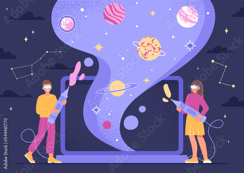VR game concept. Man and woman in metaverse, modern technologies and digital world. Space and universe, galaxy. Innovation, gadgets and devices. Poster or banner. Cartoon flat vector illustration
