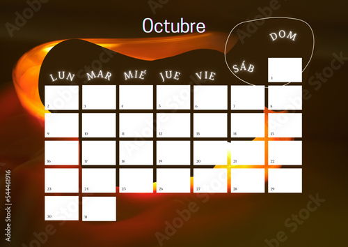Calendario año 2023 mes de Octubre. Calendario de naturaleza. Plantilla de calendario planificador. Tamaño de papel	 