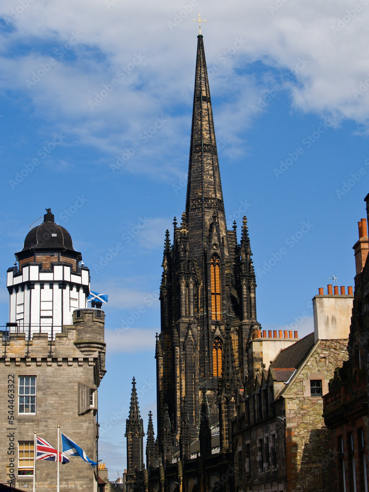 Gothic architecture of Tolbooth Church beside Camera Obscura dome in Edinburgh Scotland Gothic architecture of Tolbooth Church beside Camera Obscura dome in Edinburgh Scotland