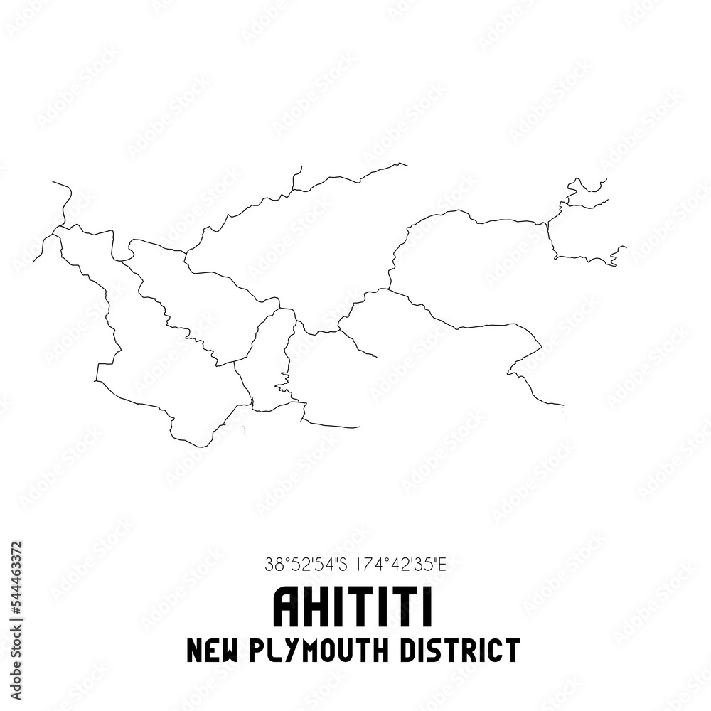 Ahititi, New Plymouth District, New Zealand. Minimalistic road map with black and white lines