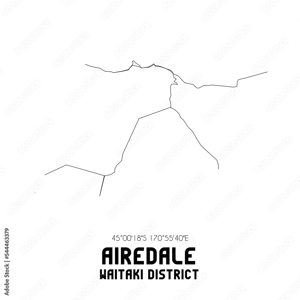 Airedale, Waitaki District, New Zealand. Minimalistic road map with black and white lines