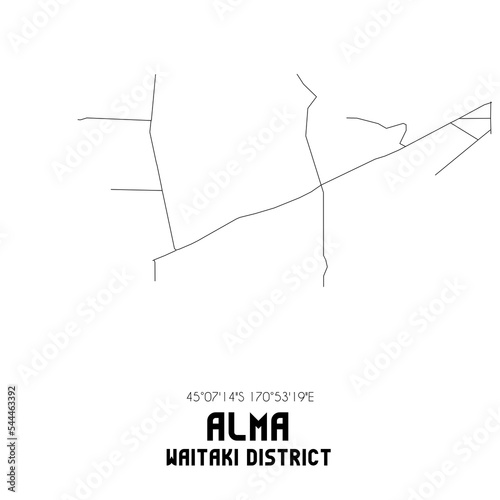 Alma, Waitaki District, New Zealand. Minimalistic road map with black and white lines