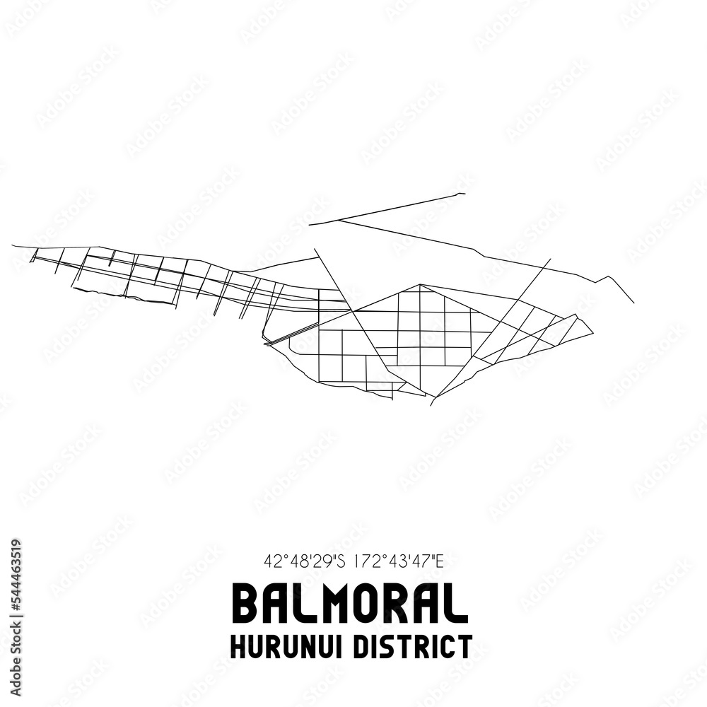 Balmoral, Hurunui District, New Zealand. Minimalistic road map with black and white lines