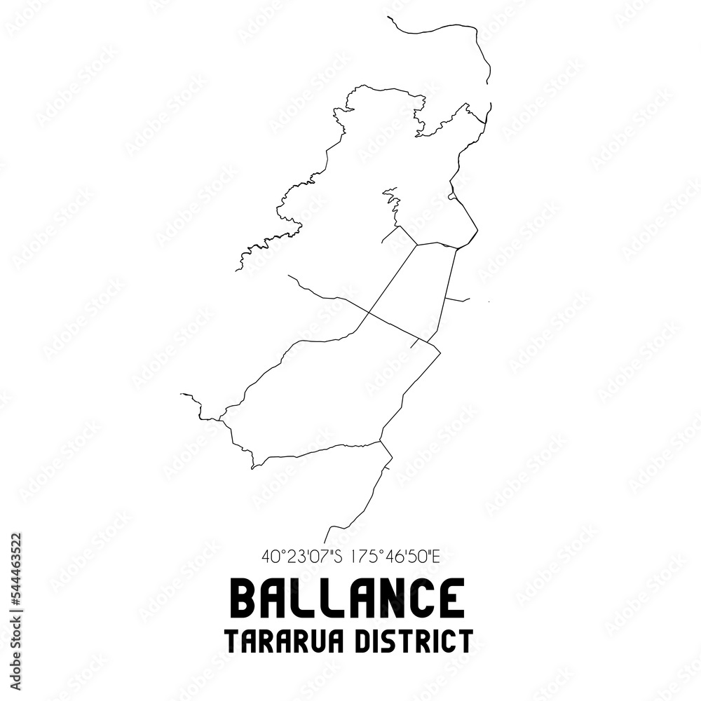 Ballance, Tararua District, New Zealand. Minimalistic road map with black and white lines