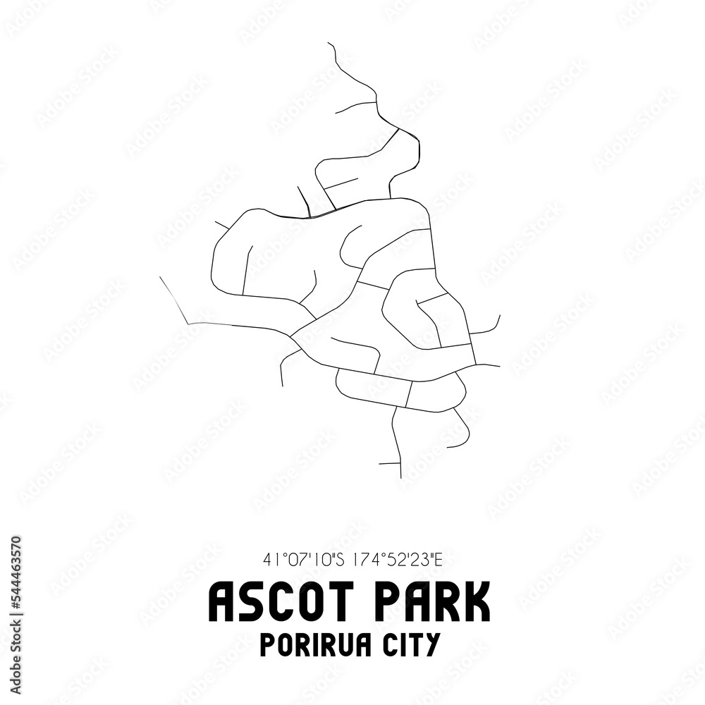 Ascot Park, Porirua City, New Zealand. Minimalistic road map with black and white lines