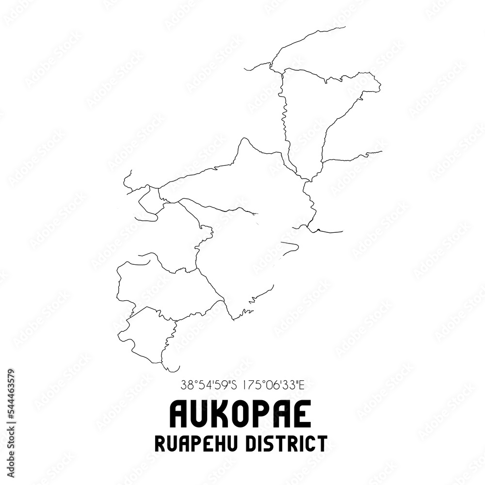 Aukopae, Ruapehu District, New Zealand. Minimalistic road map with black and white lines