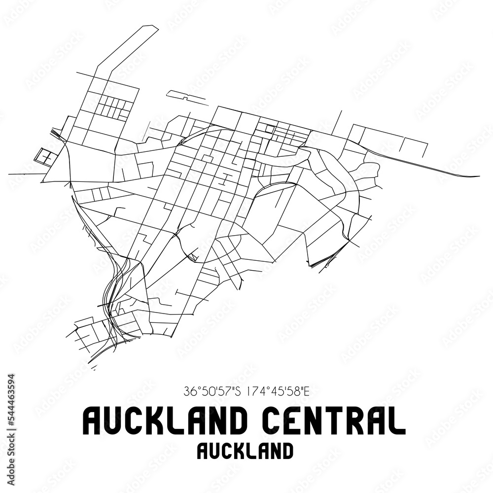 Auckland Central, Auckland, New Zealand. Minimalistic road map with black and white lines