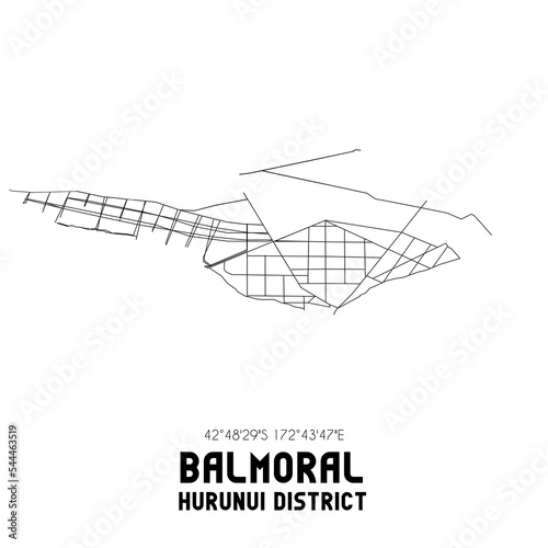 Balmoral, Hurunui District, New Zealand. Minimalistic road map with black and white lines photo