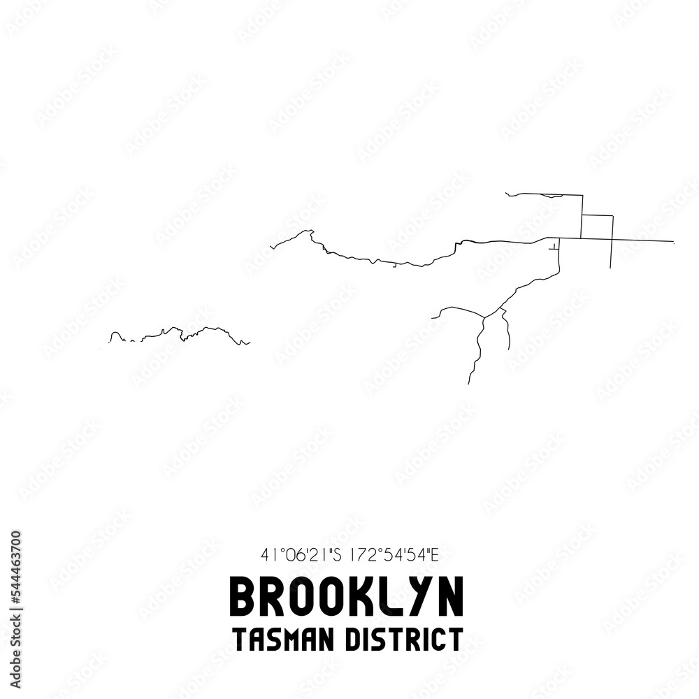 Brooklyn, Tasman District, New Zealand. Minimalistic road map with black and white lines