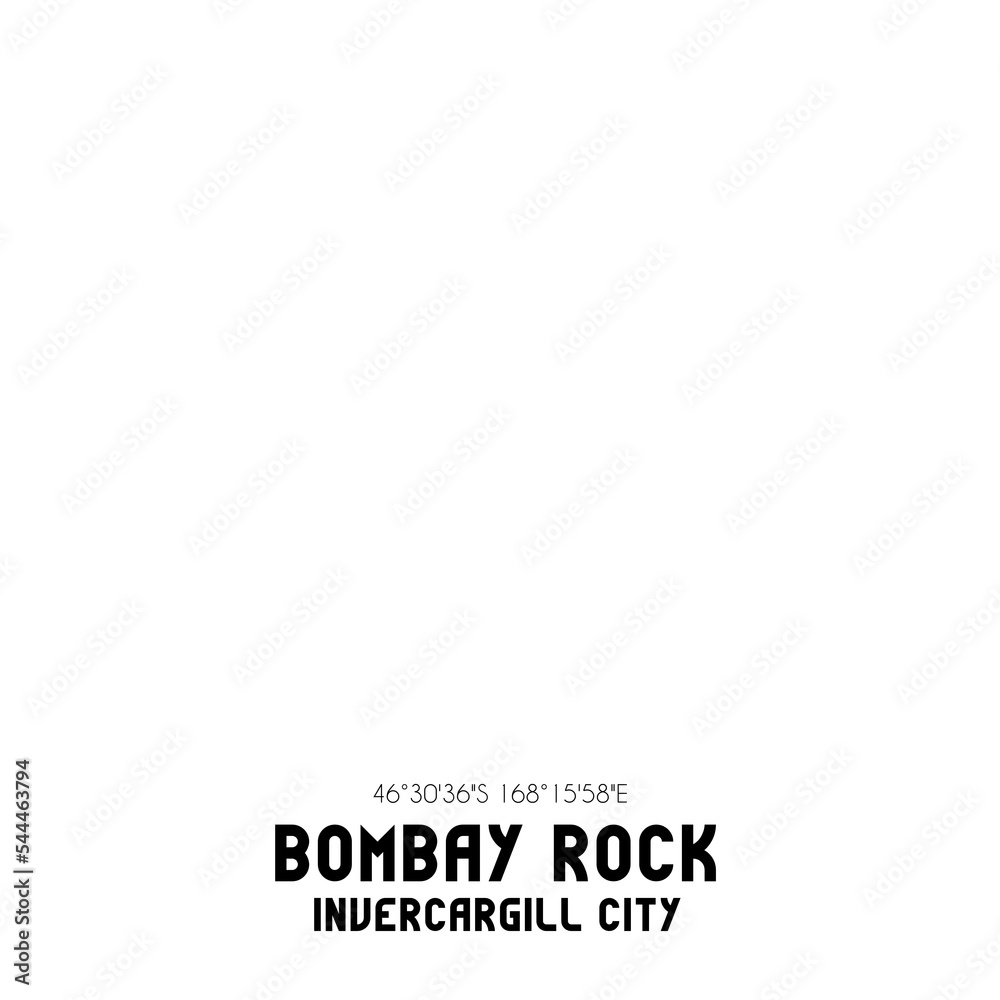 Bombay Rock, Invercargill City, New Zealand. Minimalistic road map with black and white lines