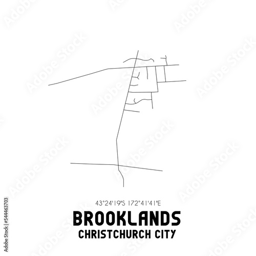 Brooklands, Christchurch City, New Zealand. Minimalistic road map with black and white lines