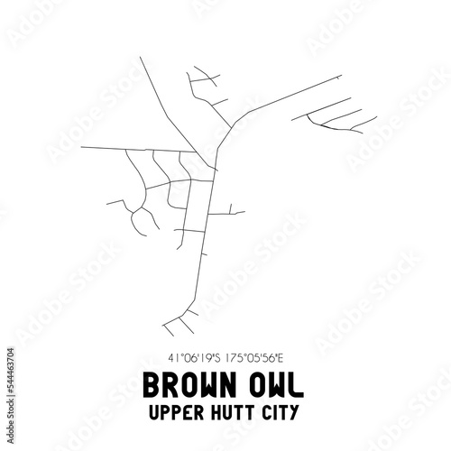 Brown Owl, Upper Hutt City, New Zealand. Minimalistic road map with black and white lines