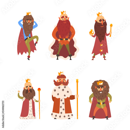 Funny Bearded King Characters Wearing Golden Crown, Mantle and with Sceptre Vector Set