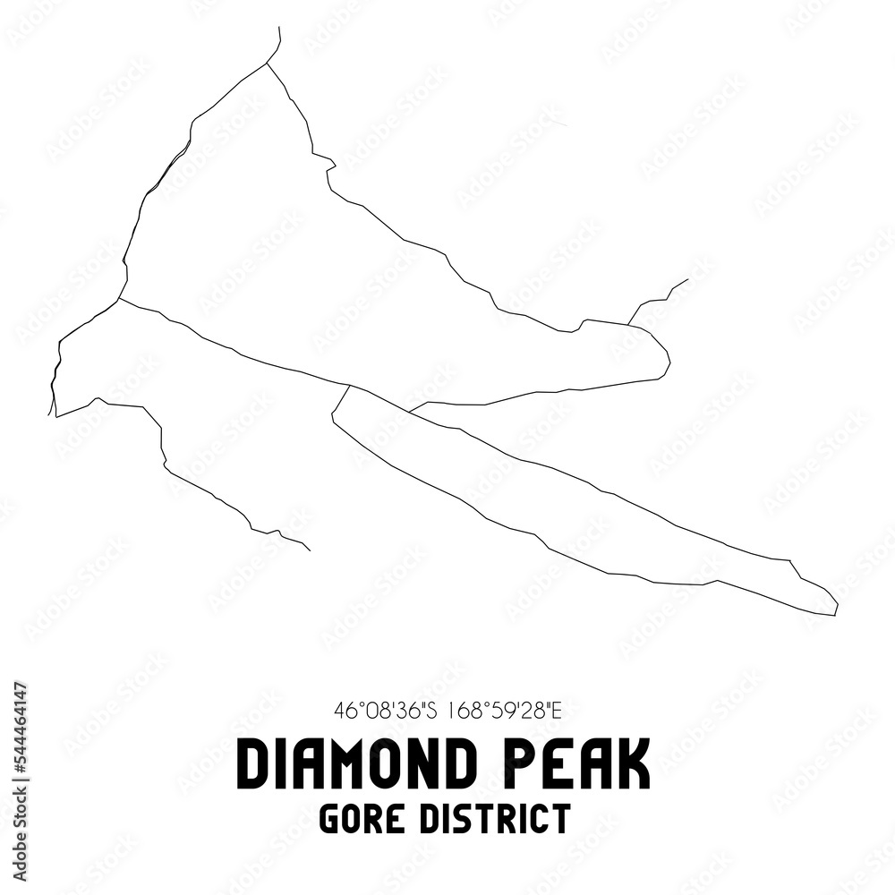 Diamond Peak, Gore District, New Zealand. Minimalistic road map with black and white lines Diamond Peak, Gore District, New Zealand. Minimalistic road map with black and white lines