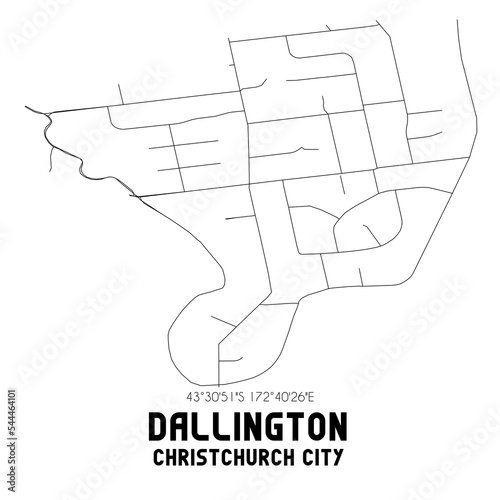 Dallington, Christchurch City, New Zealand. Minimalistic road map with black and white lines photo