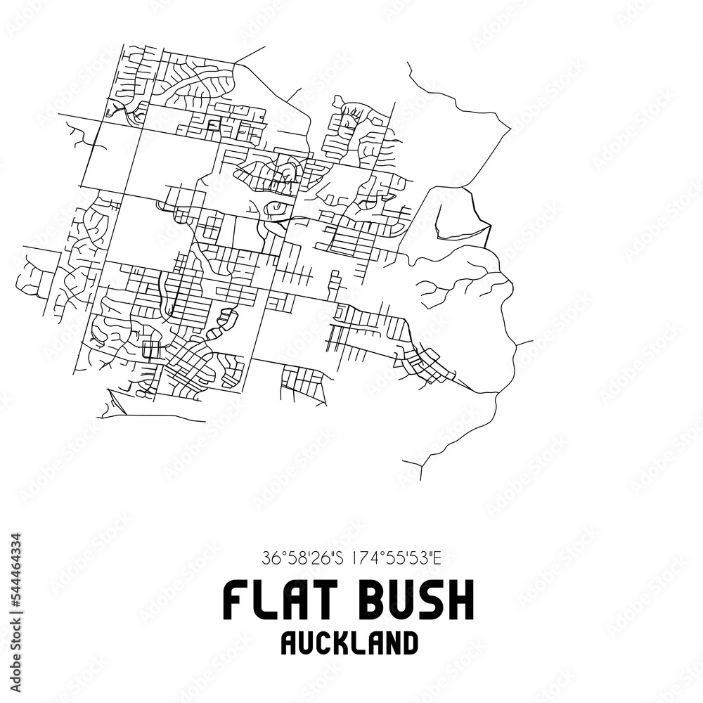 Flat Bush, Auckland, New Zealand. Minimalistic road map with black and white lines