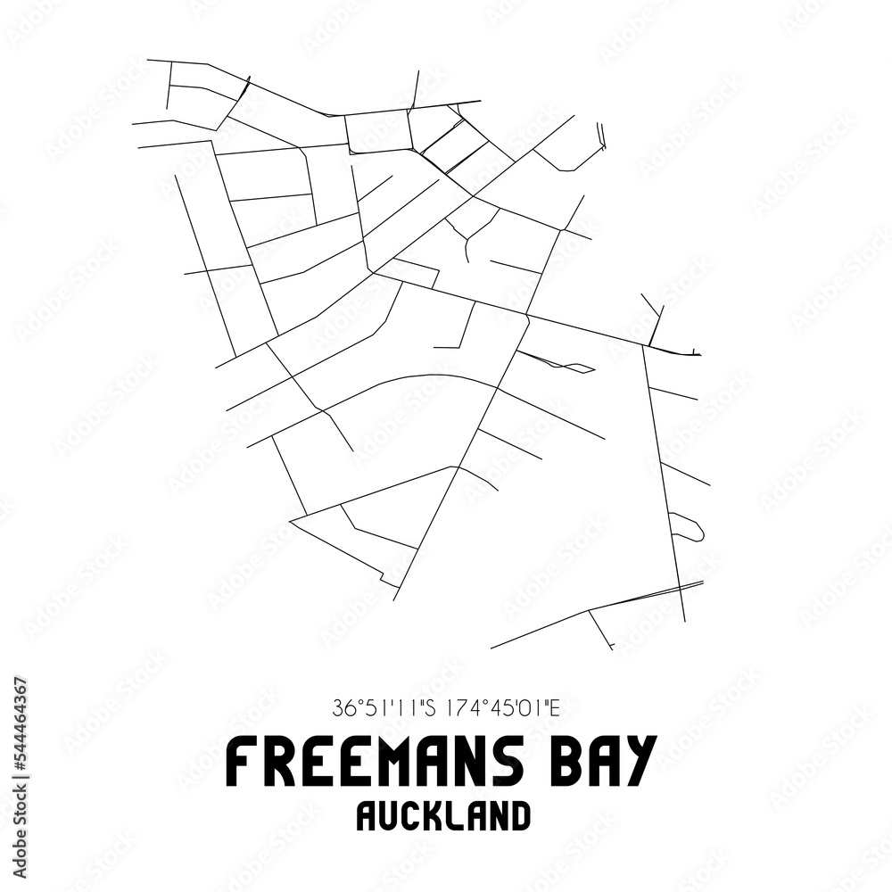 Freemans Bay, Auckland, New Zealand. Minimalistic road map with black and white lines
