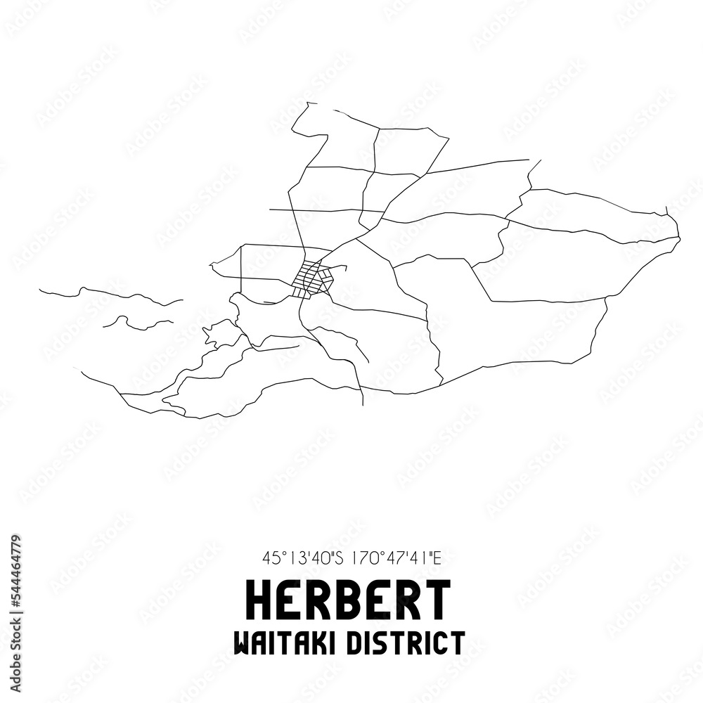 Herbert, Waitaki District, New Zealand. Minimalistic road map with black and white lines
