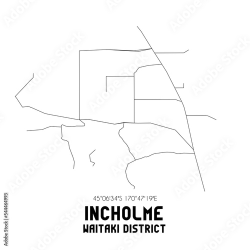 Incholme, Waitaki District, New Zealand. Minimalistic road map with black and white lines photo