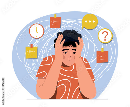 Circle of disappointment. Man sits and props his head with his hands. Frustration and depression. Emotions, gestures and facial expressions. Lonely young guy. Cartoon flat vector illustration