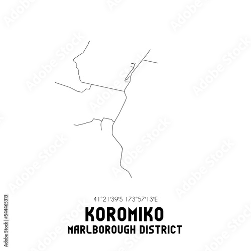 Koromiko, Marlborough District, New Zealand. Minimalistic road map with black and white lines photo